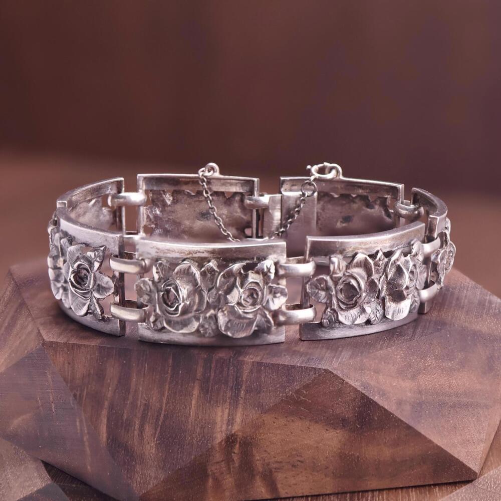 Antique Art Deco FLAM Made in France Sterling Roses in Relief Link Bracelet